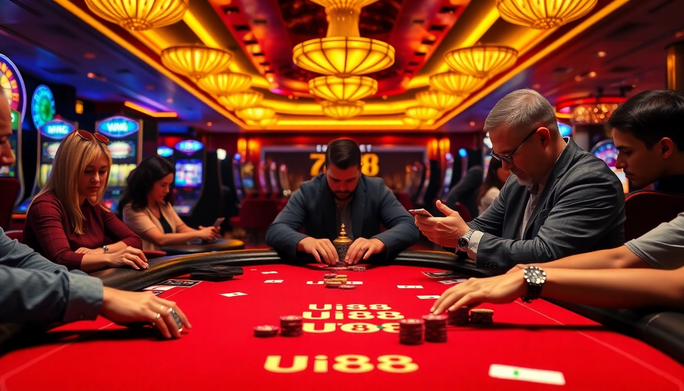 High-stakes poker action at uu88 casino with vibrant atmosphere and intense player focus.