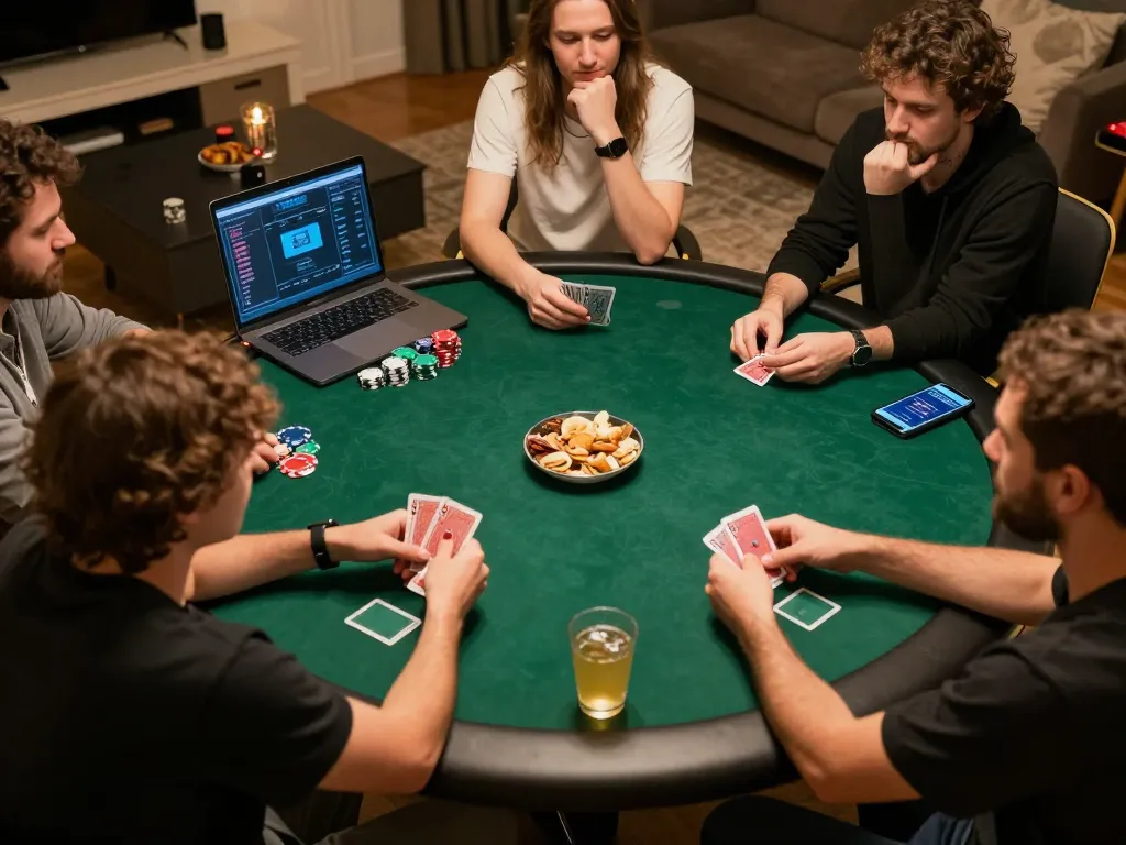 U888 poker players engaging in a friendly competition at home with cards and chips scattered on the table.
