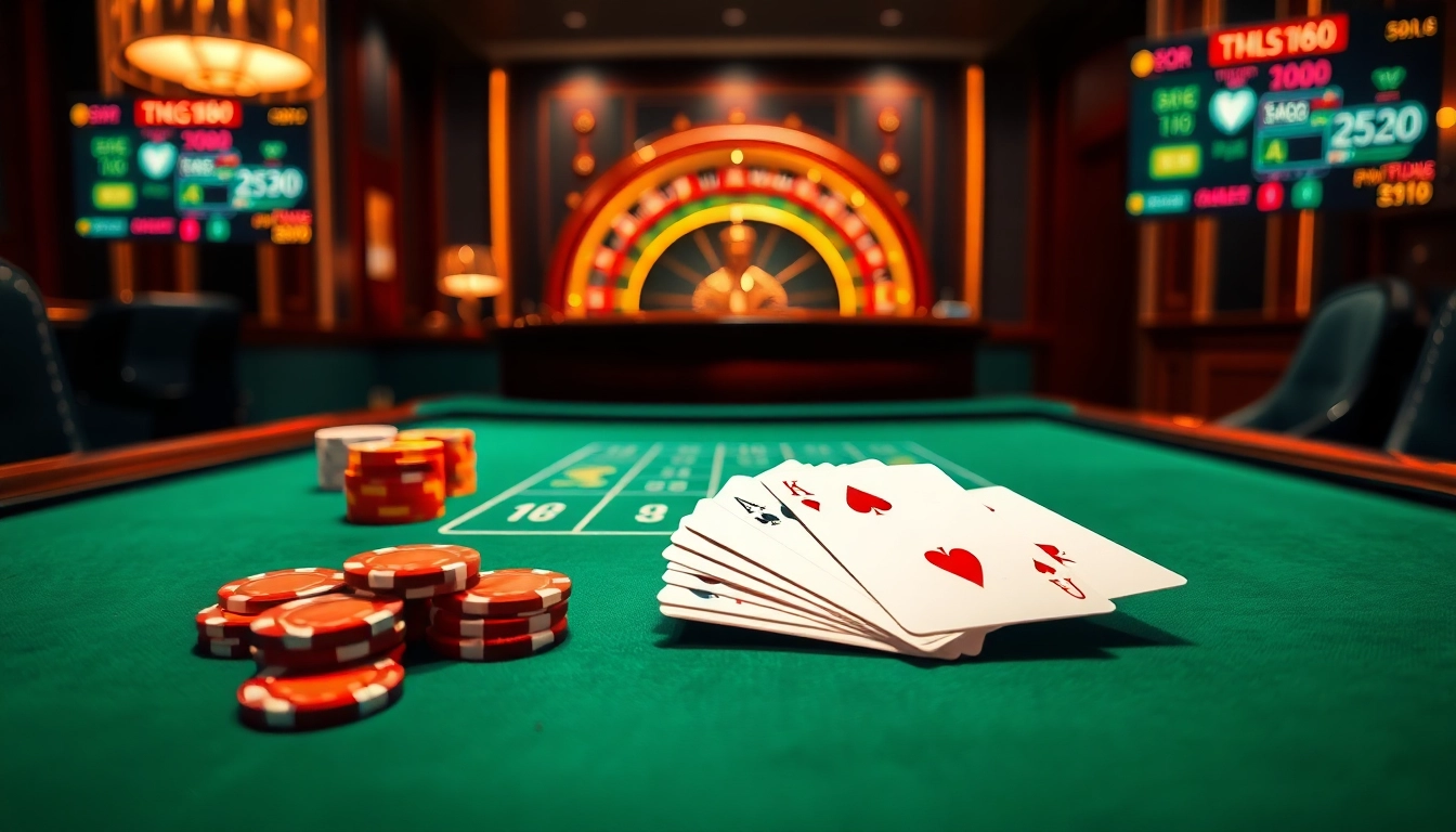 Tg88 players engage at a luxurious casino table with vibrant chips and cards, showcasing an immersive gaming experience.