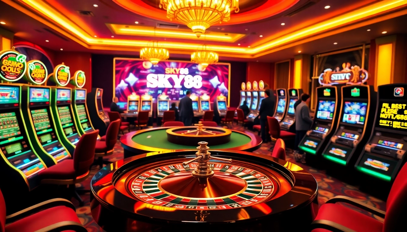 Engage in thrilling gambling action at SKY88 casino with vibrant slot machines and a roulette wheel.