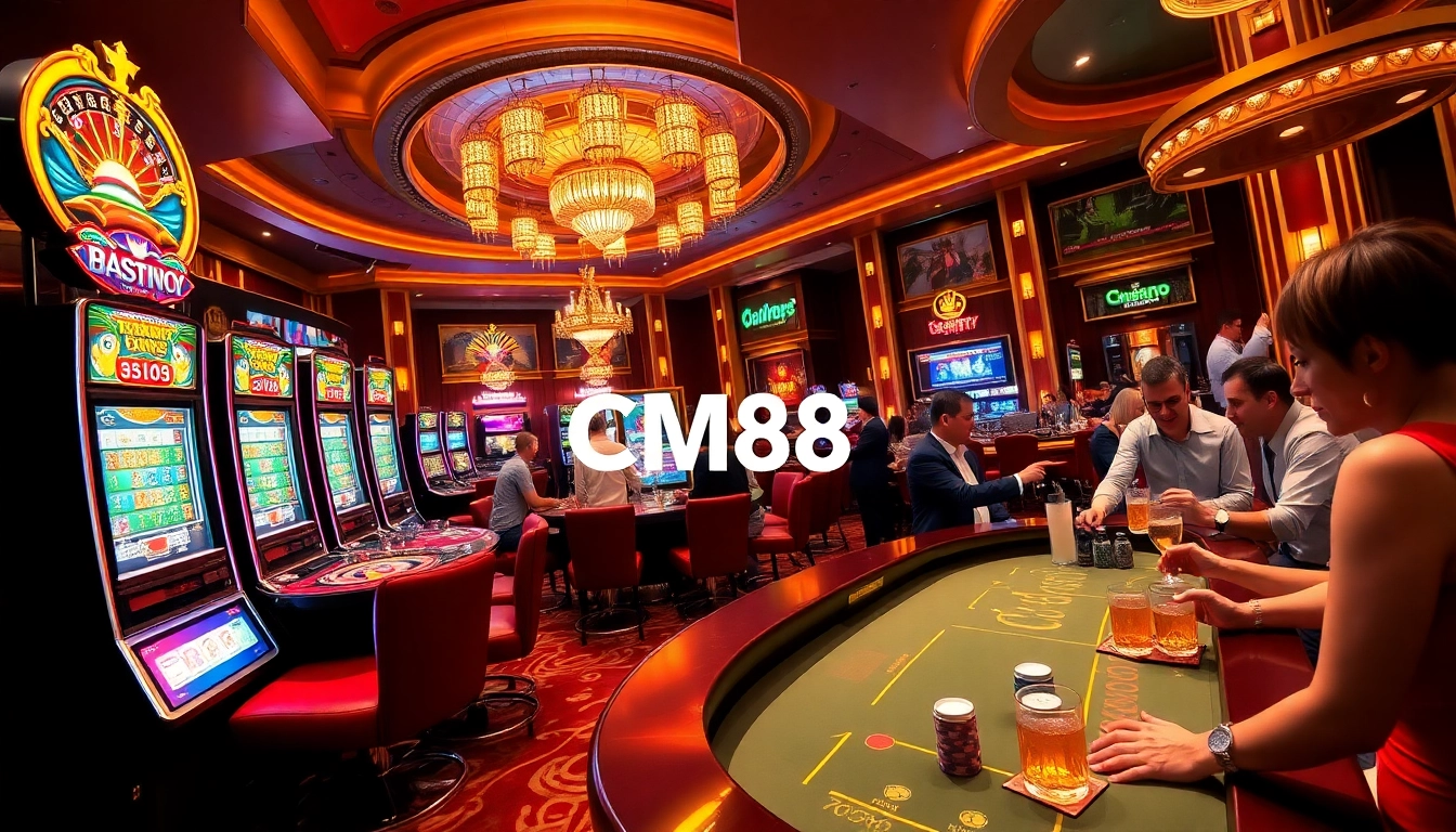 Exciting casino scene with CM88 branding, featuring roulette, poker, and vibrant slot machines.