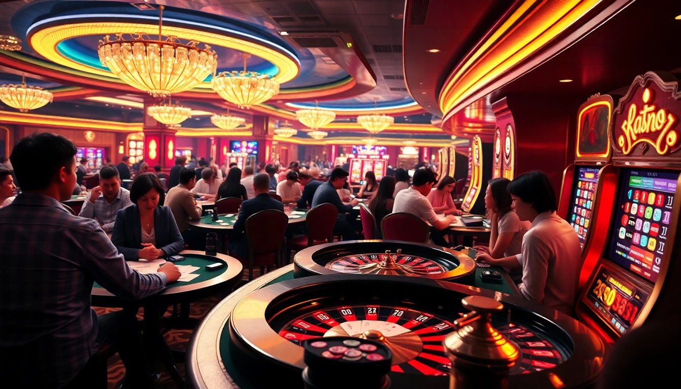 Players enjoy thrilling games at KP88, showcasing poker and a dazzling roulette wheel in a luxurious casino environment.