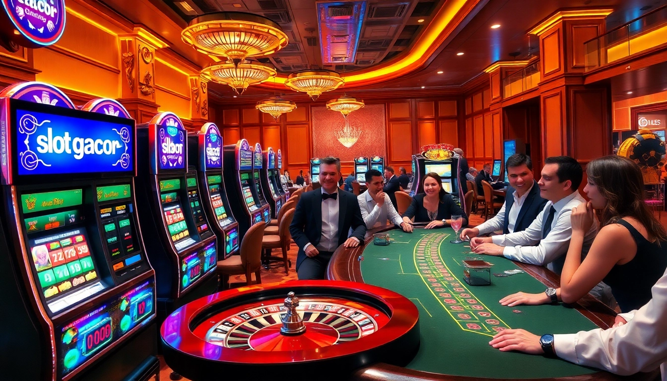 Suasana kasino yang menarik dengan mesin slot gacor yang cerah, roda roulette, dan pemain yang terlibat.