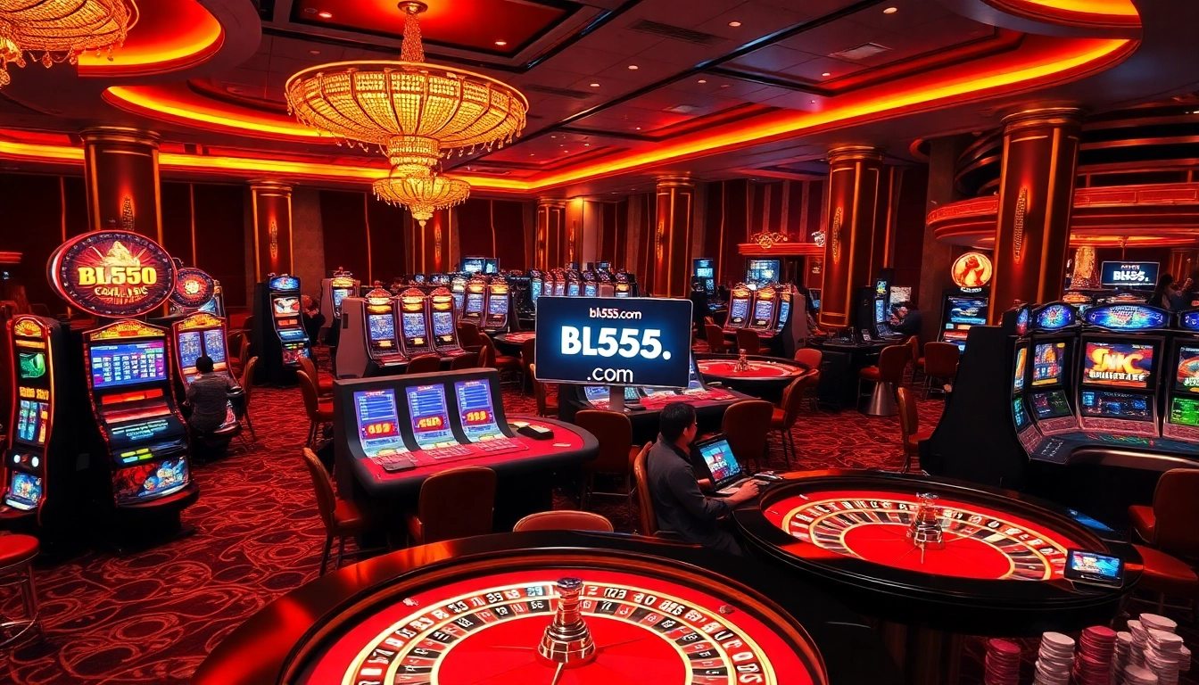 Gambling action at bl555.com with vibrant roulette tables and slot machines.