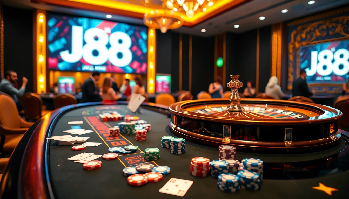 Experience the thrill of the J88 casino table with vibrant gambling elements.