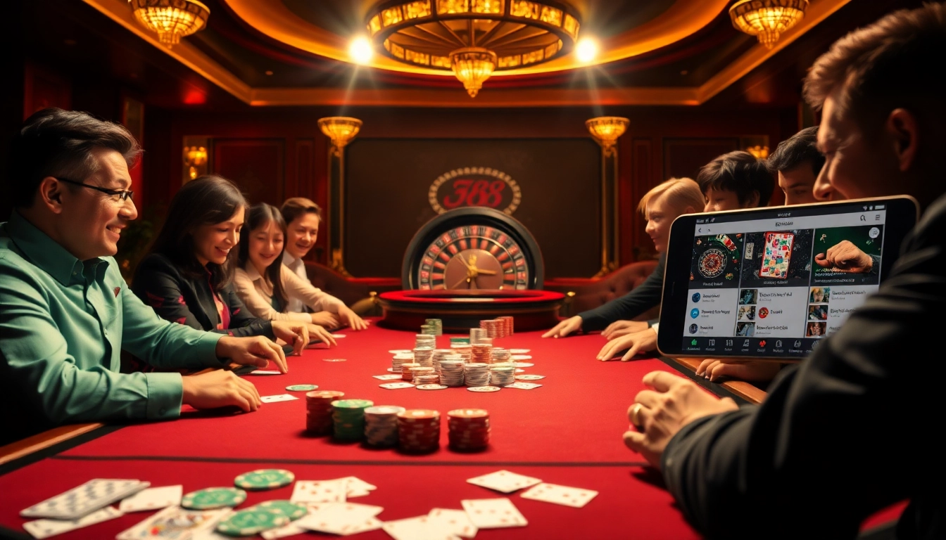 Exciting poker game at xx88 with colorful chips and cards on a luxurious table.