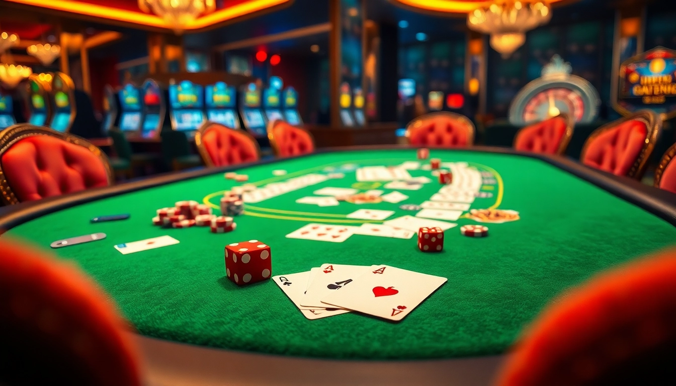 Experience the thrill of game bài đổi thưởng at a luxurious casino table filled with playing cards and poker chips.