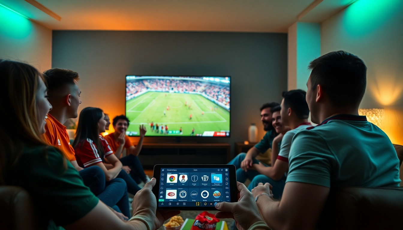 Socolive watching football live in a vibrant living room setting, featuring excited fans, HD screen, and smart devices.