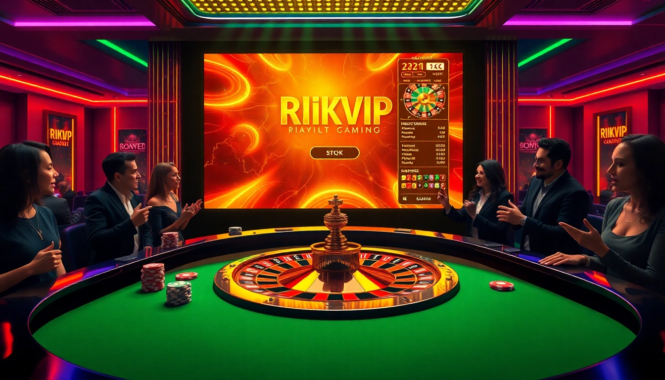 Rikvip players enjoying a thrilling game at a luxury casino table filled with excitement and poker chips.
