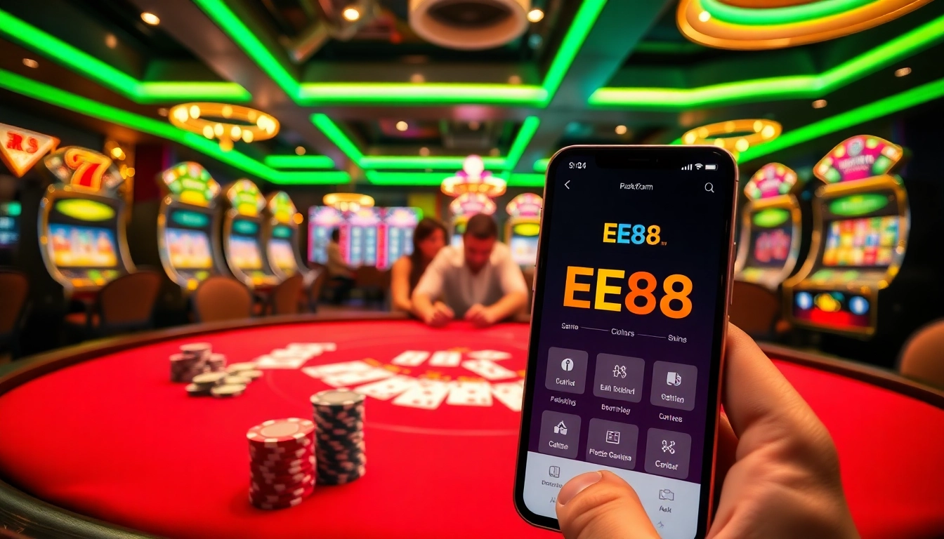 Experience winning at https://ee88game.net/ with poker chips and vibrant casino gaming visuals.