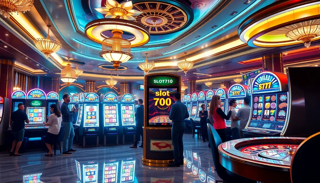 Pemain yang antusias menikmati kemewahan mesin slot777 di lingkungan kasino yang semarak.