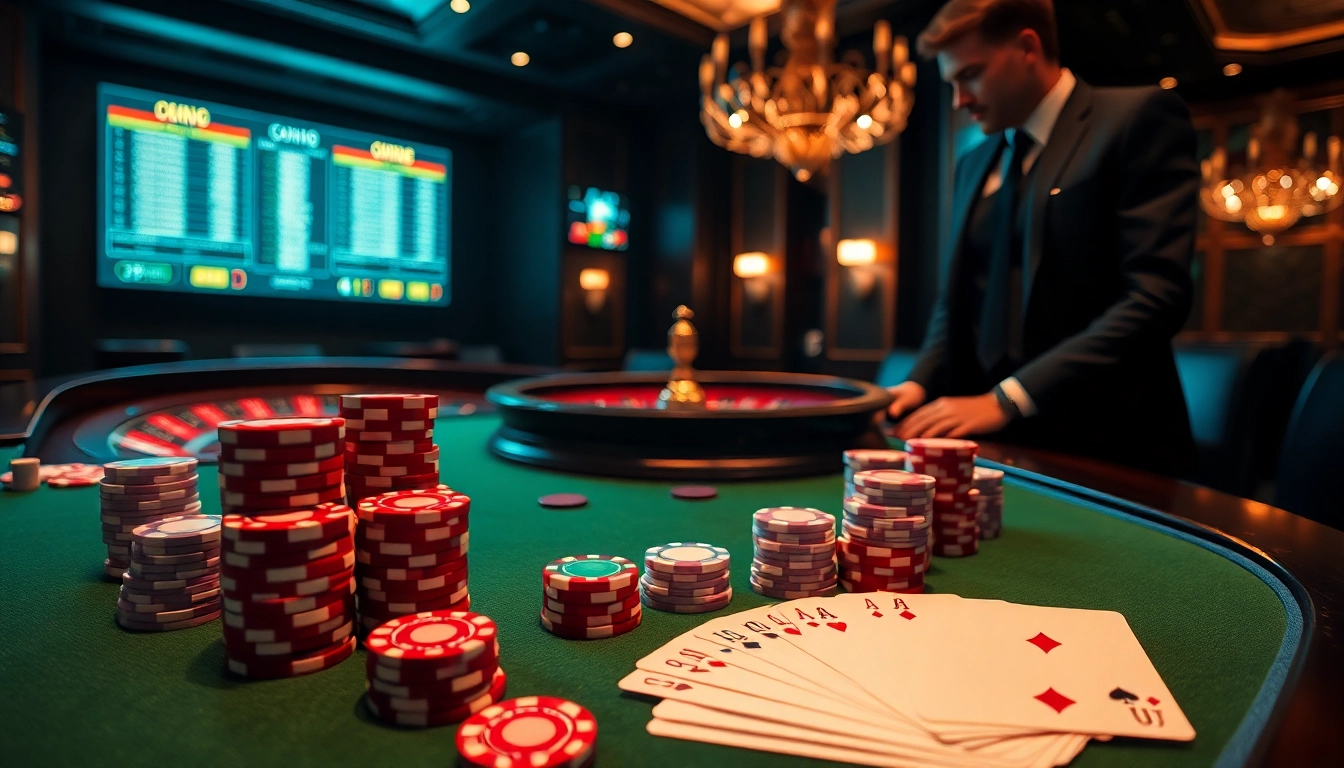 C168 casino table offering vibrant chips and cards in a luxurious gambling environment.