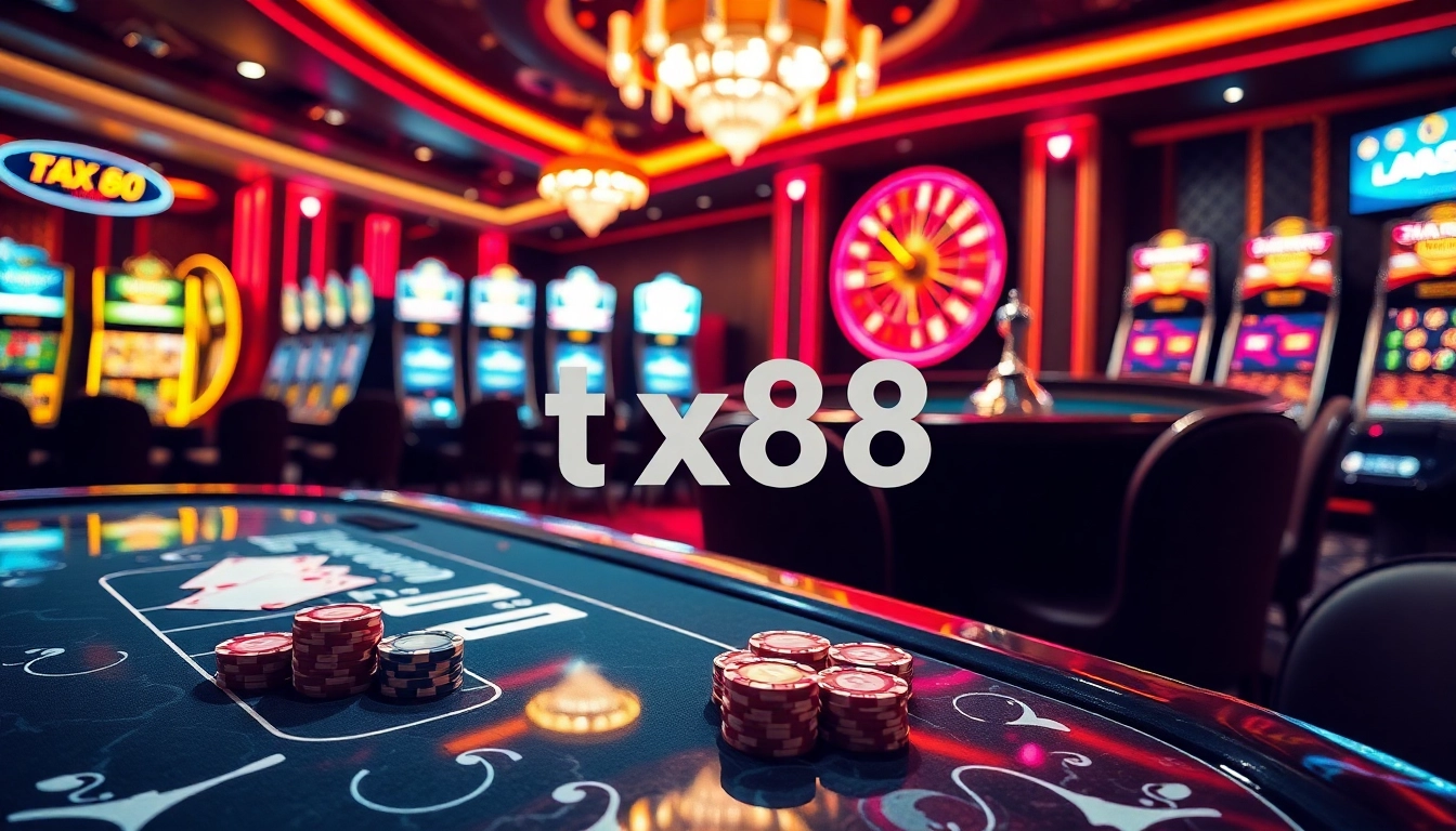 Engaged players at a luxurious casino table, featuring tx88 poker chips and high-stakes cards for thrilling gameplay.