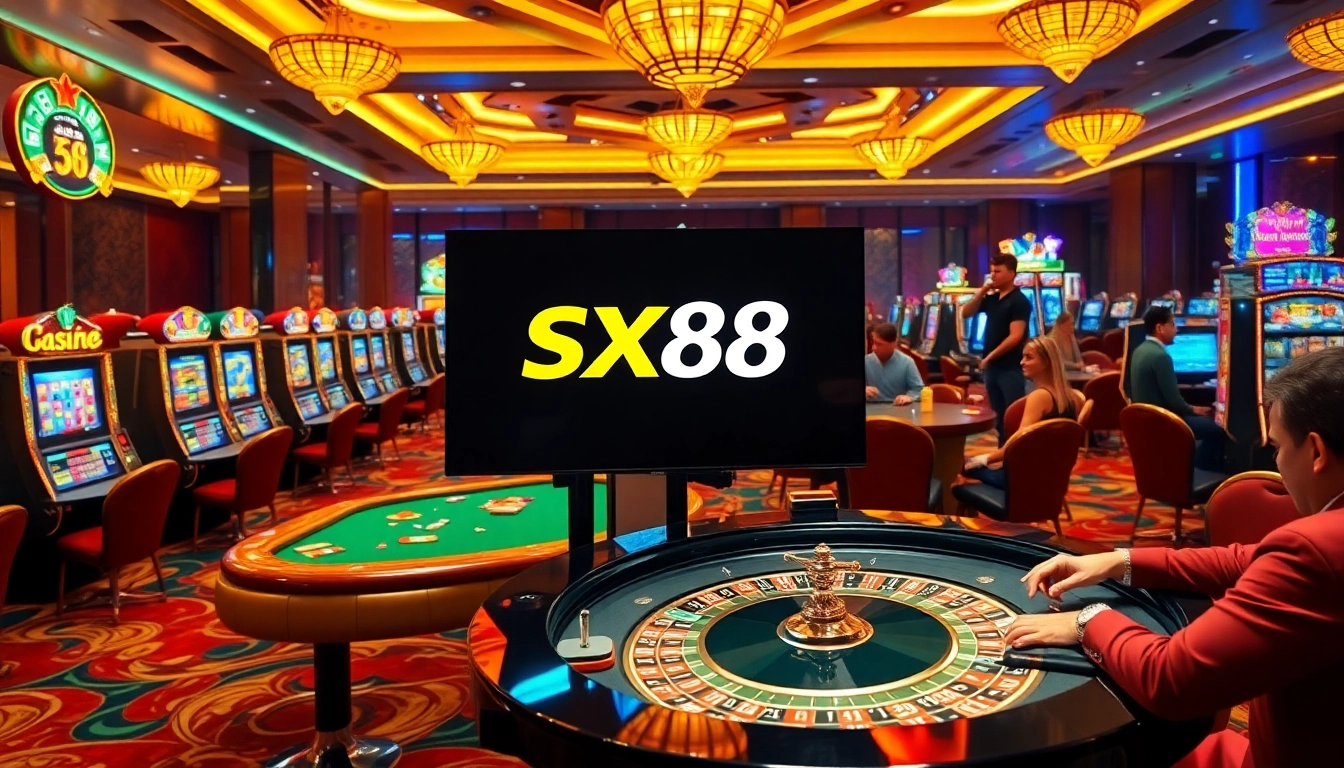SX88 casino scene featuring vibrant gaming tables, poker chips, and a roulette wheel, embodying excitement and luxury.