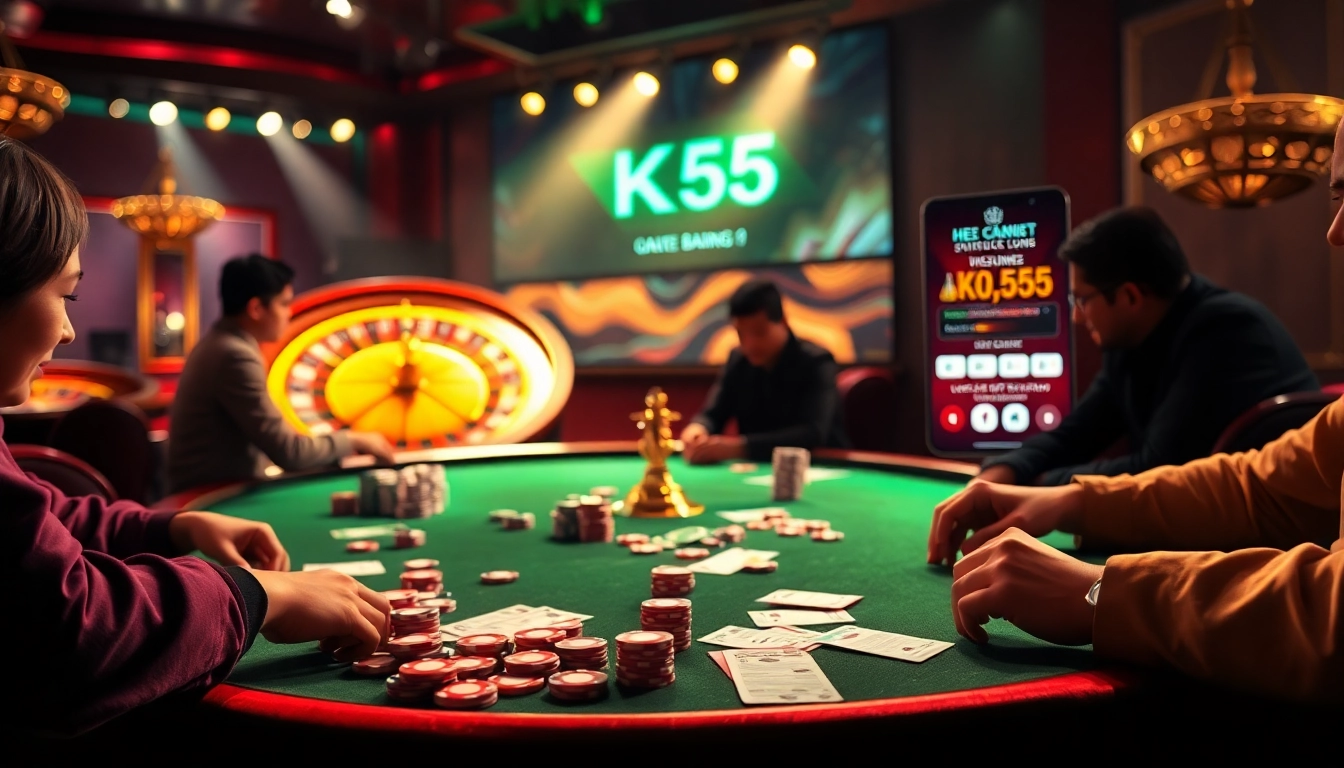 Exciting KK55 poker table scene with vibrant chips, active players, and roulette wheel.