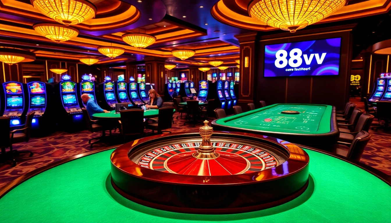 Exciting casino scene featuring roulette and slot machines with the 88vv logo.