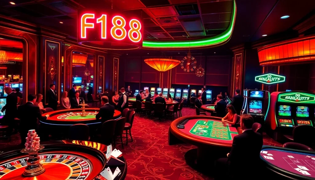 Exciting casino scene with f168 neon sign illuminating players at roulette and poker tables.