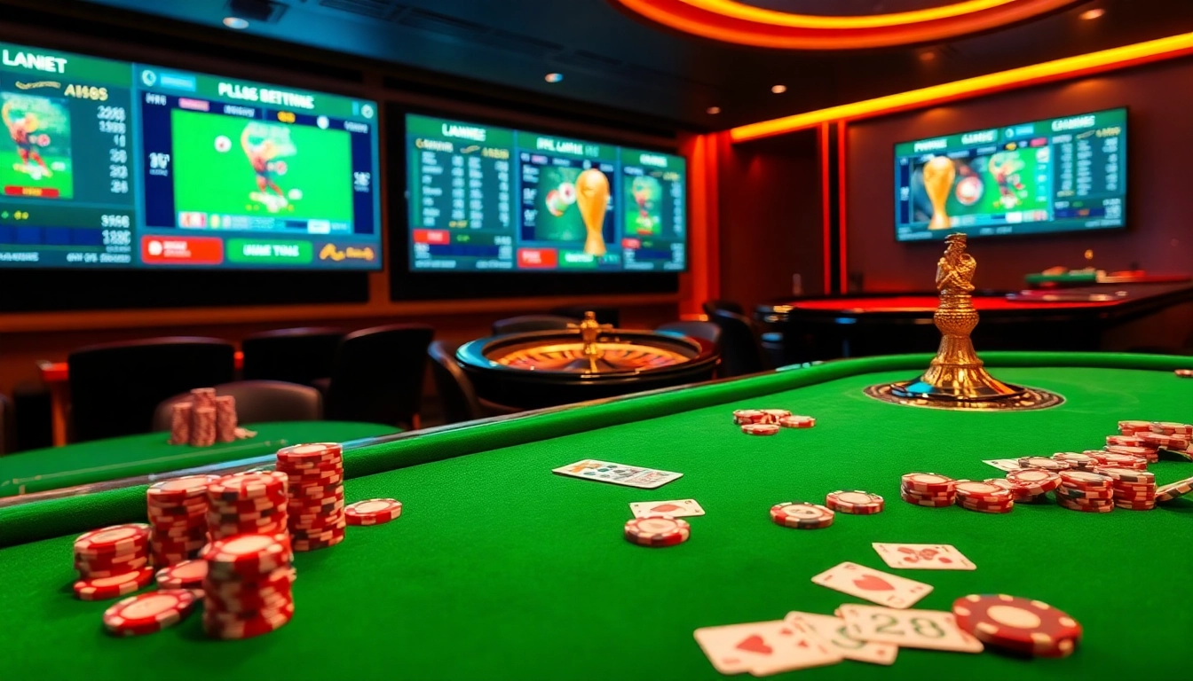 Exciting Judi Bola Resmi sports betting scene with vibrant tables and live odds display