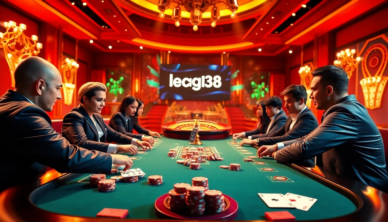 Players engage in a thrilling poker game at lego138 online casino, showcasing vibrant chips and cards.