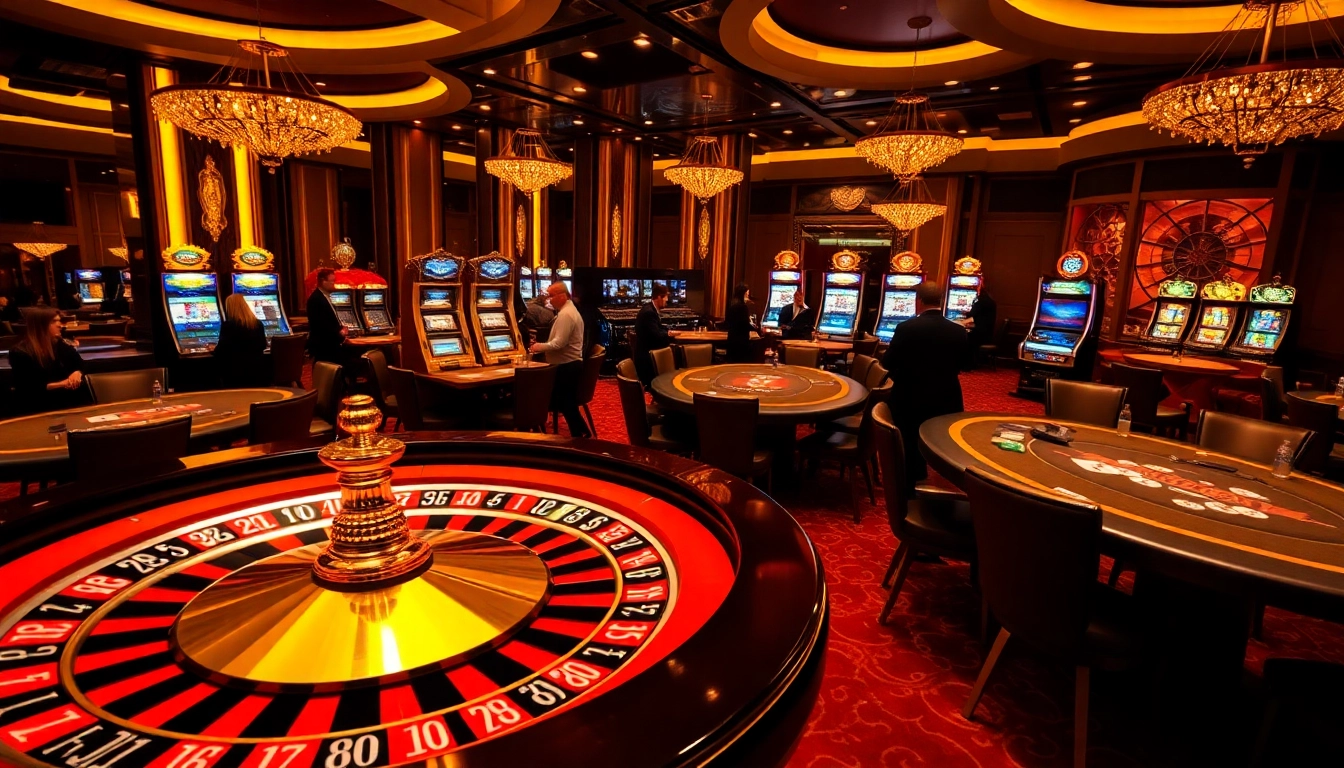 Players engaging in thrilling games at fun79's luxurious casino, showcasing roulette and poker.