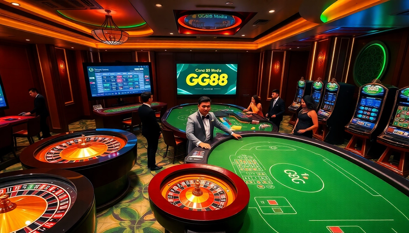 Engaging casino atmosphere showcasing GG88 media with players at roulette and poker tables.