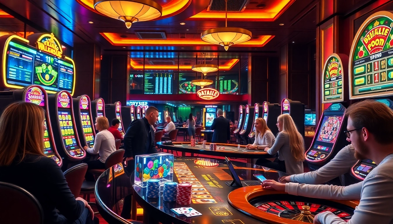 Engaging scene of players at luxurious slot online machines in a vibrant casino atmosphere.