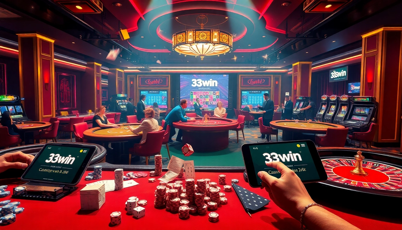 Engaged players enjoying casino games at 33win online platform with vibrant ambiance.