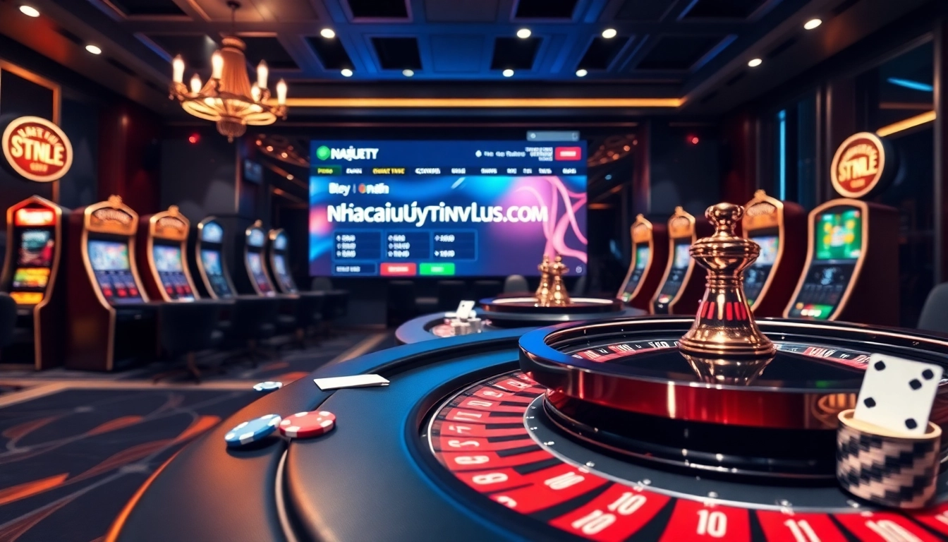 Exciting online gambling scene featuring nhacaiuytinvn.us.com with vibrant casino tables, chips, and roulette wheels.