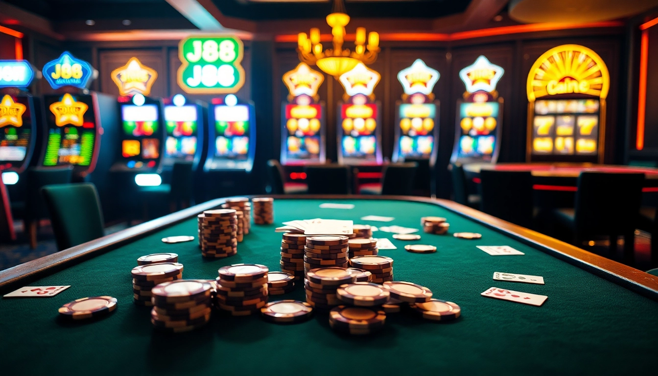 Exciting casino atmosphere featuring J88 poker table with chips, cards, and roulette wheel.