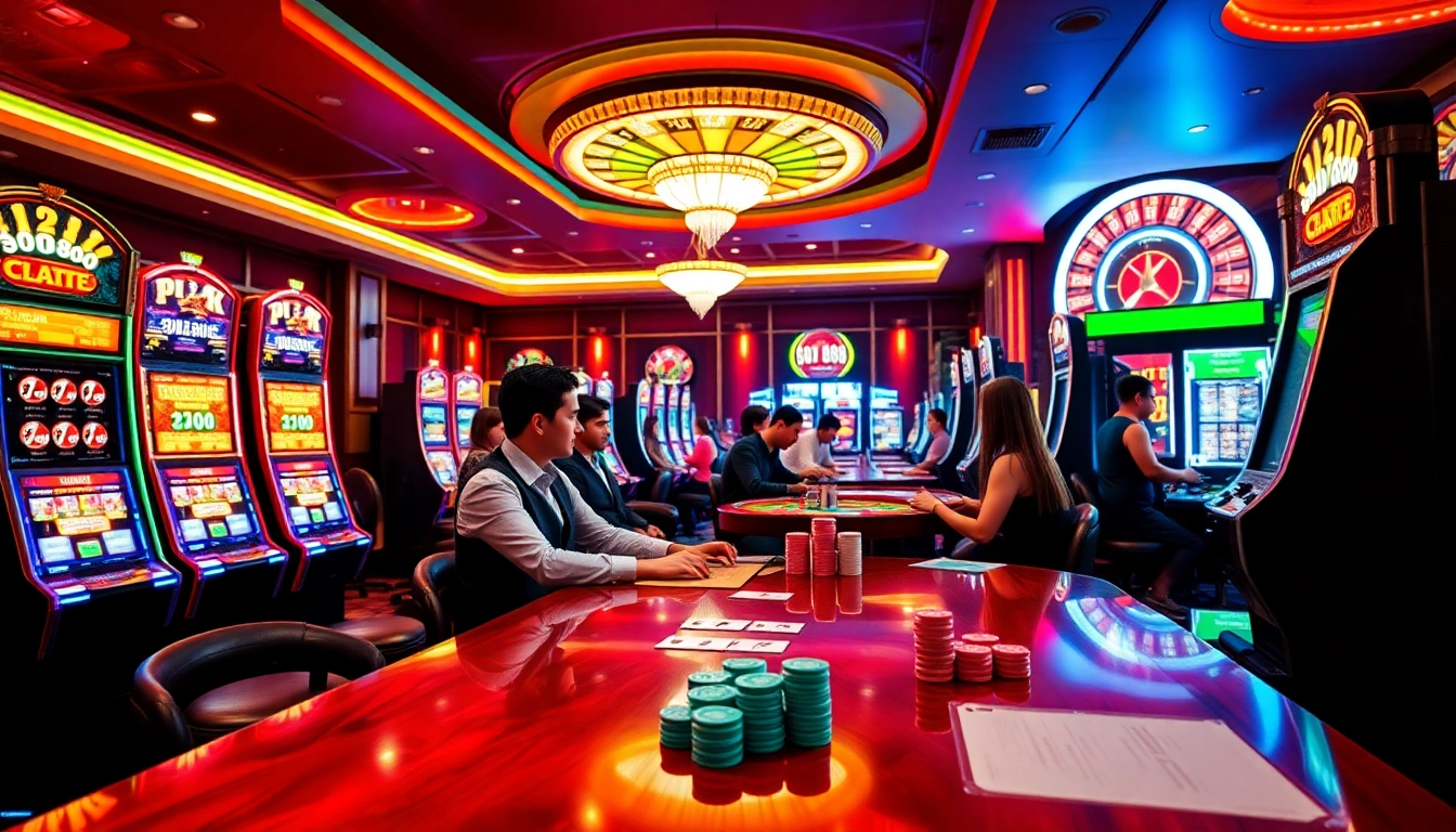 Exciting slot888 scene showcasing players engaging with luxurious slot machines and vibrant casino elements.