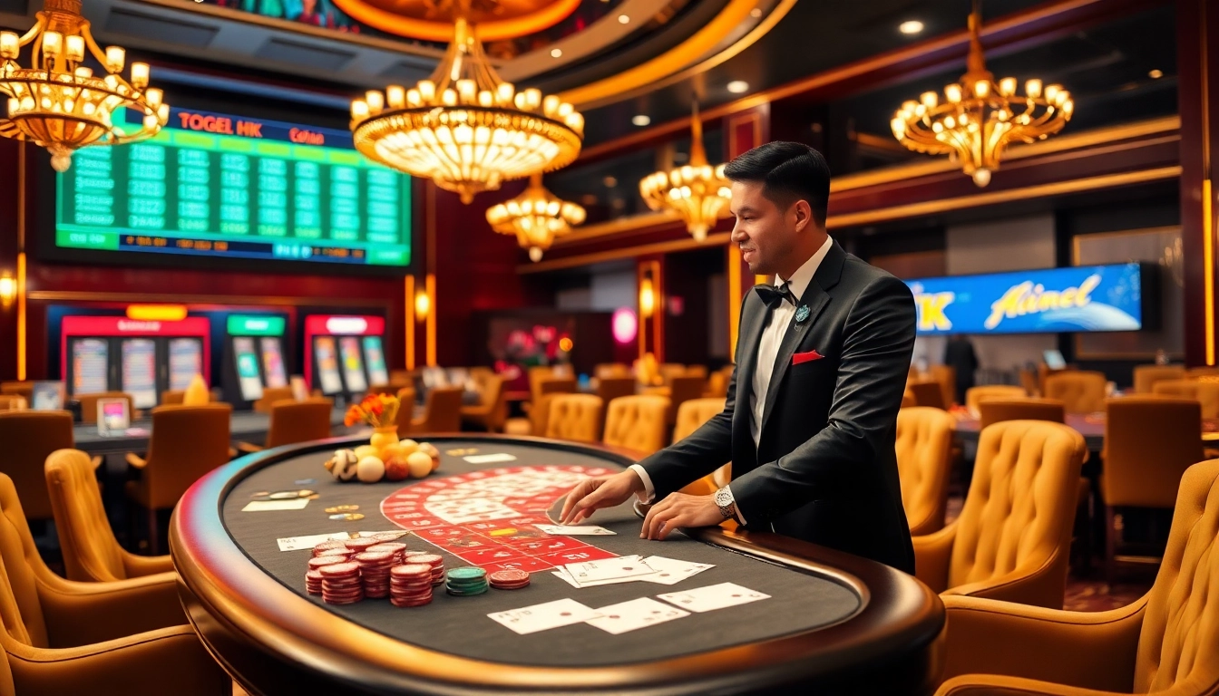 Togel HK betting scene featuring vibrant tokens and a professional dealer in a luxurious casino setting.