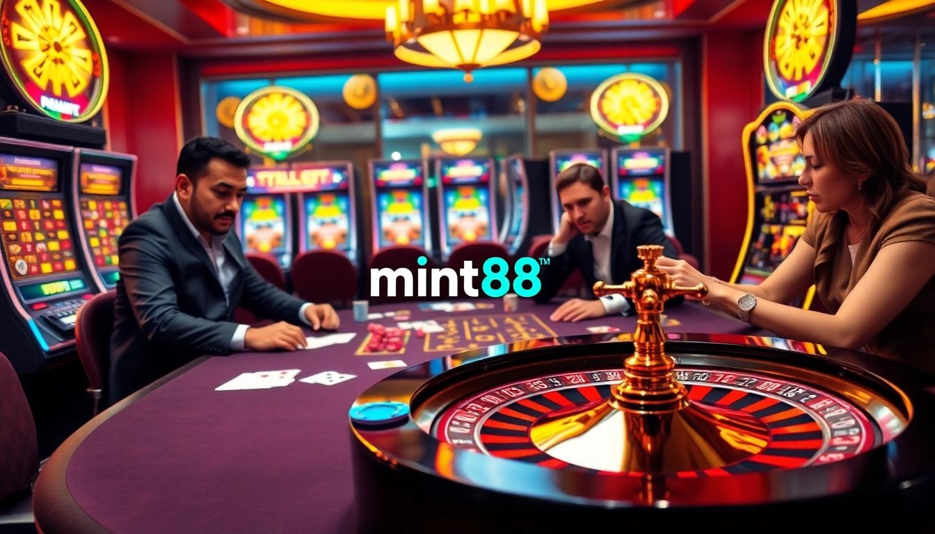 Players enjoying a thrilling poker game at mint88 casino, surrounded by vibrant slot machines.