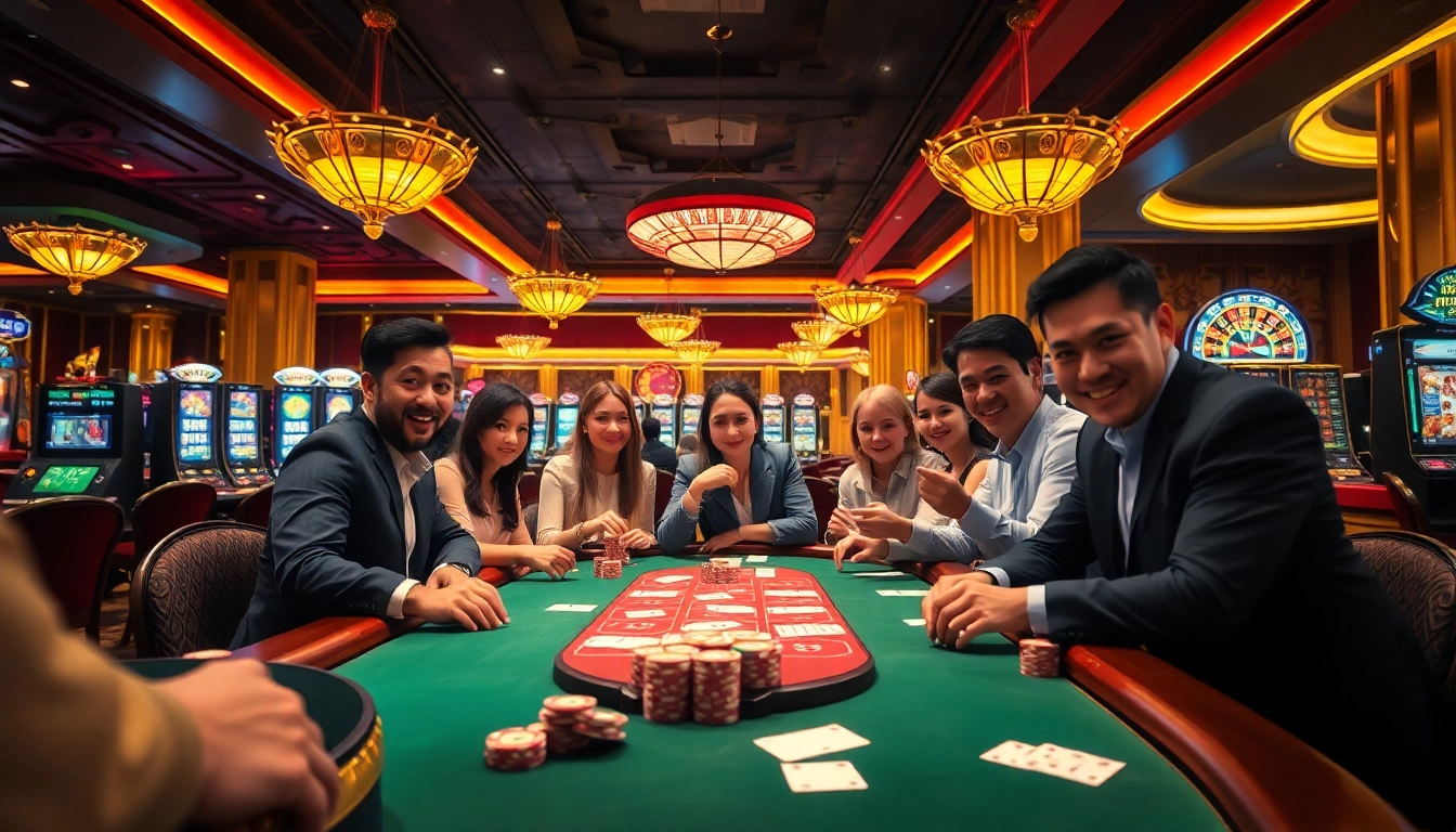 Experience the excitement of lc88 with players enjoying a vibrant poker game in a luxurious casino setting.