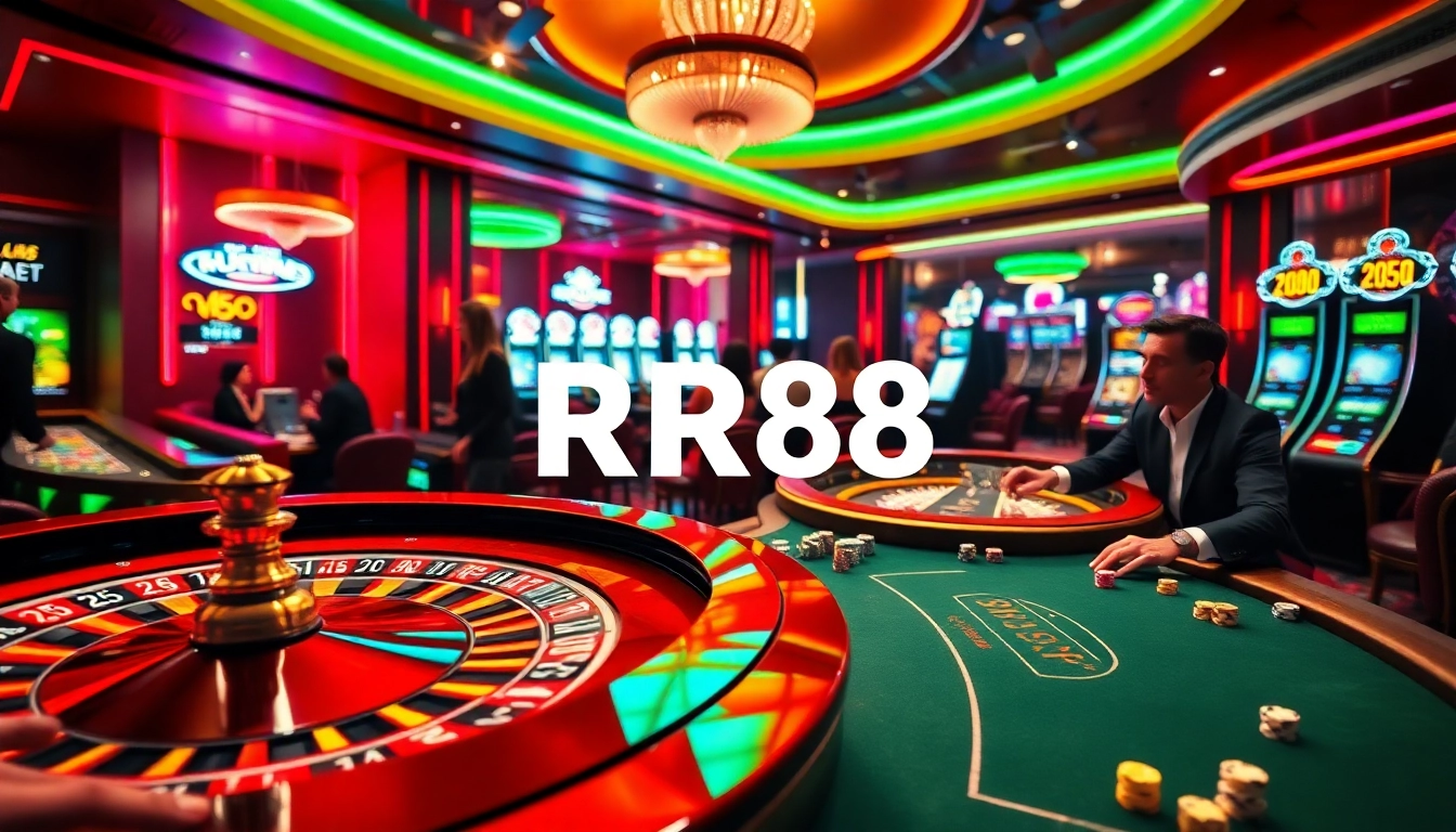Gamble with excitement at RR88's elite casino tables featuring vibrant poker chips and roulette action.