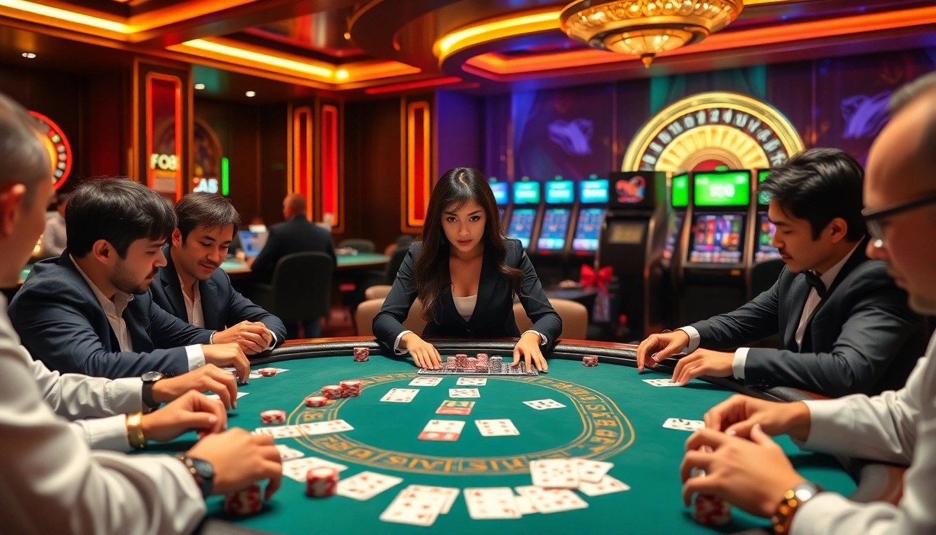 FO88 poker table scene with vibrant chips and cards in a luxurious casino setting.