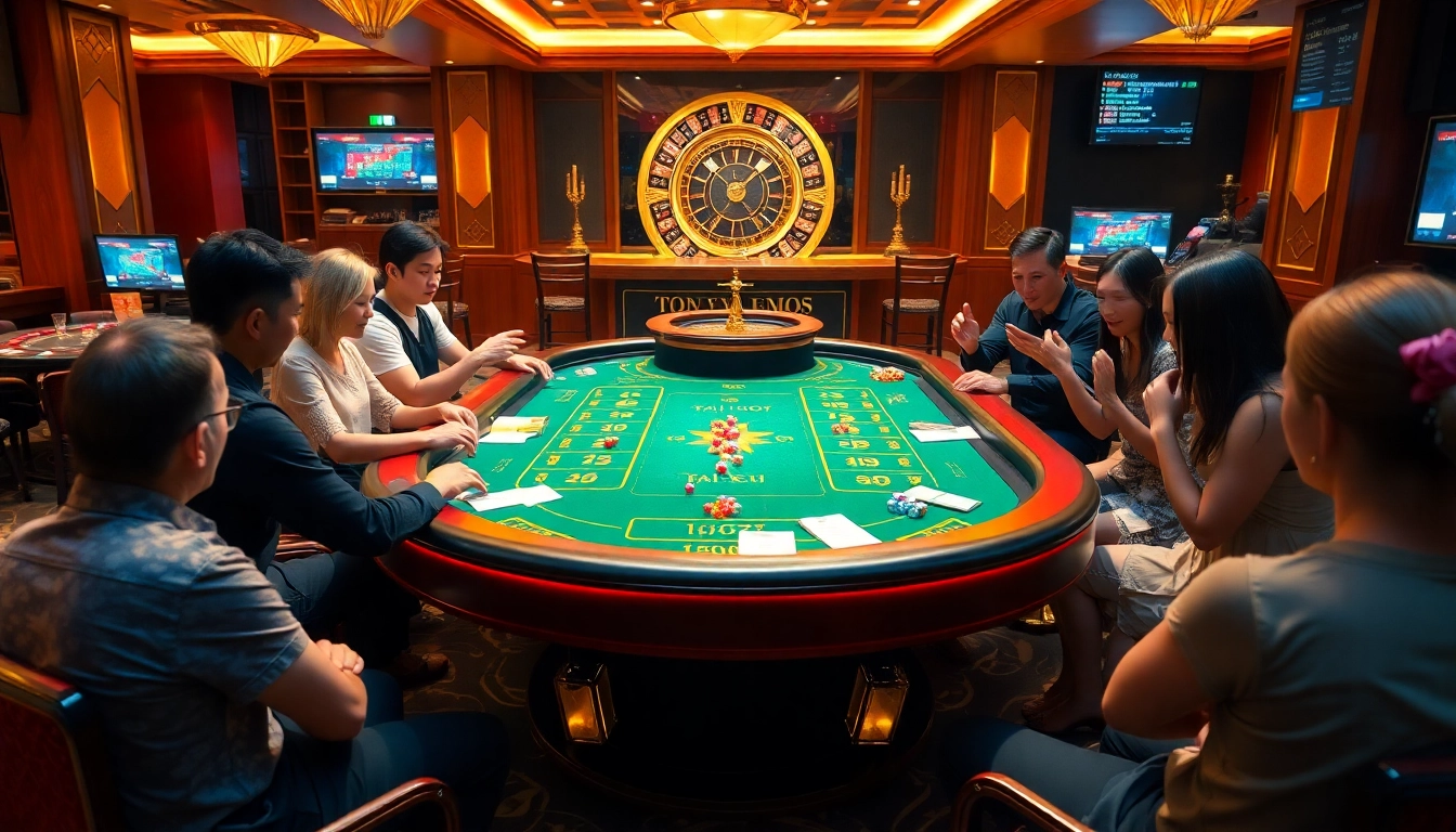 Players enjoying Tài Xỉu MD5 at a casino table, showcasing the excitement of https://taixiumd5.fan/.
