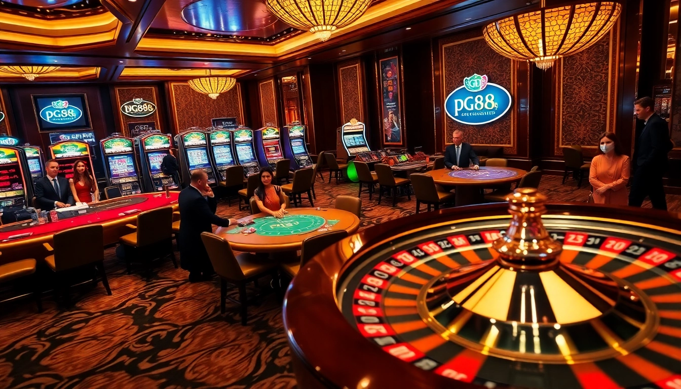 Engaged players enjoying the pg88 casino experience at luxurious tables and slot machines.
