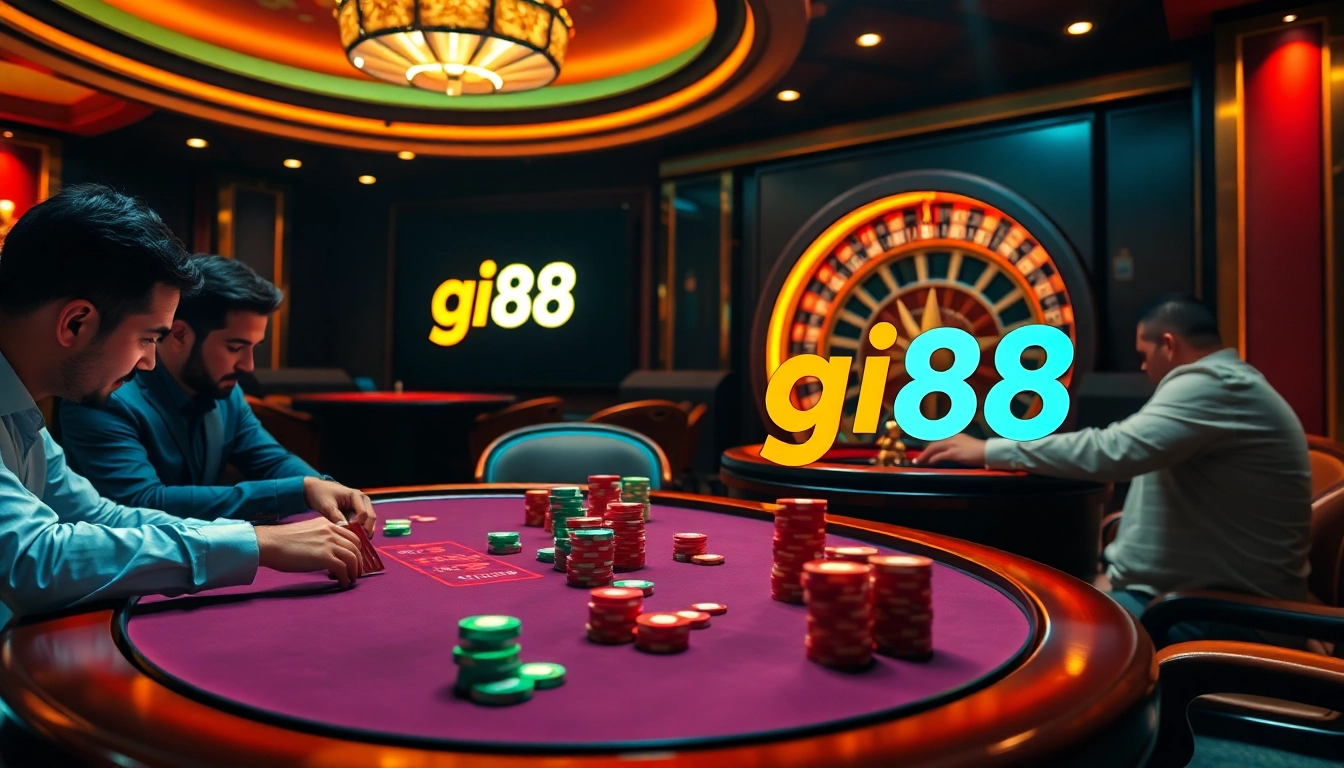 Players engaging in a high-stakes game at a luxurious gi88 casino table, showcasing excitement and strategy.