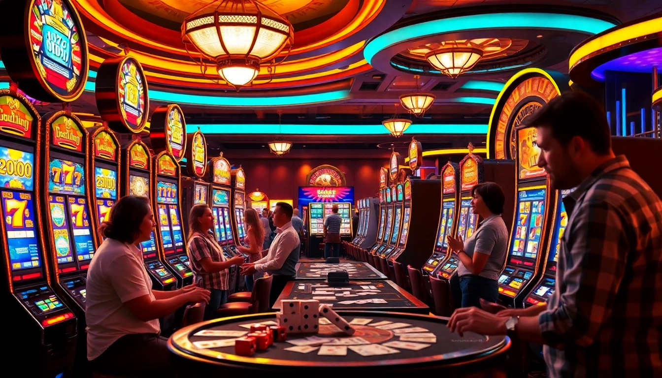 Excited players engaging with luxury slot machines in a vibrant casino setting.