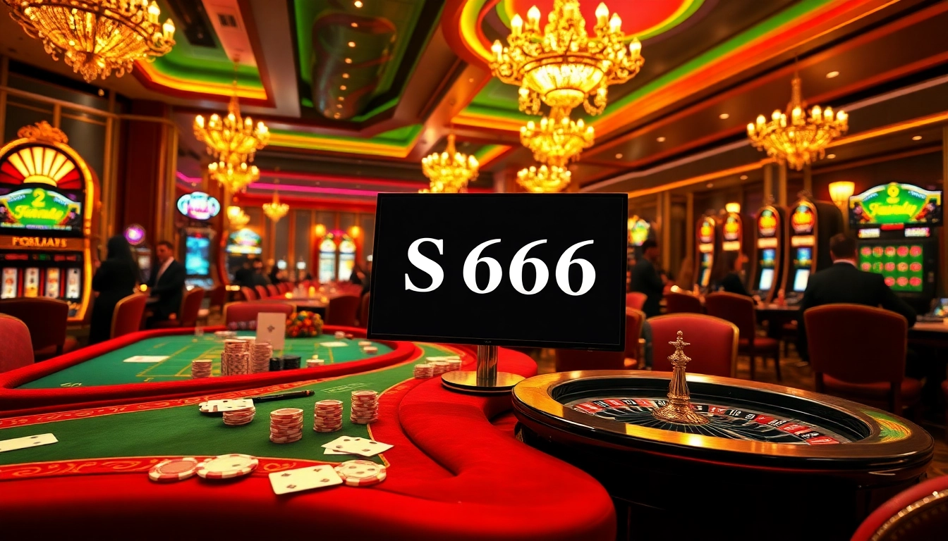 Players engage with S666 casino games, showcasing vibrant slot machines and poker tables.