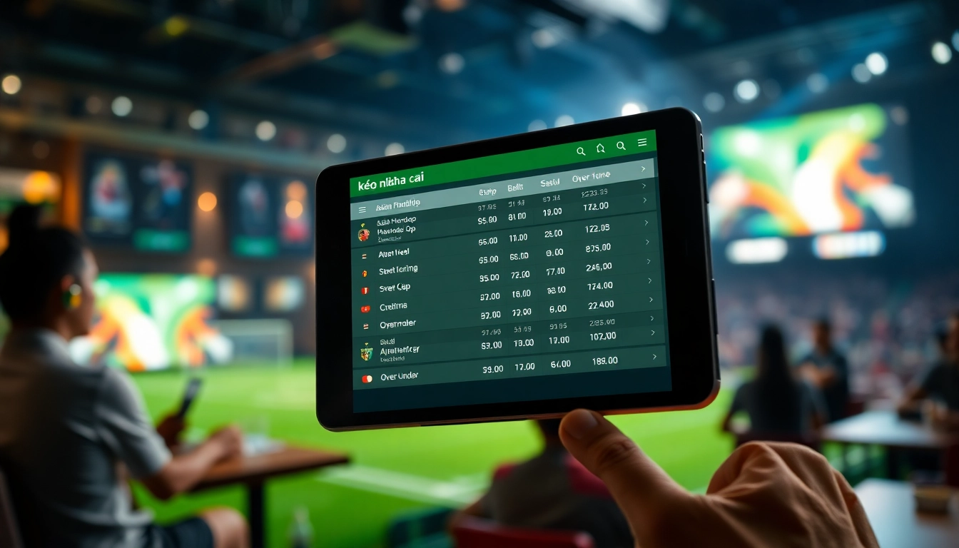 Kèo nhà cái betting odds displayed on a digital device in a sports bar ambiance.