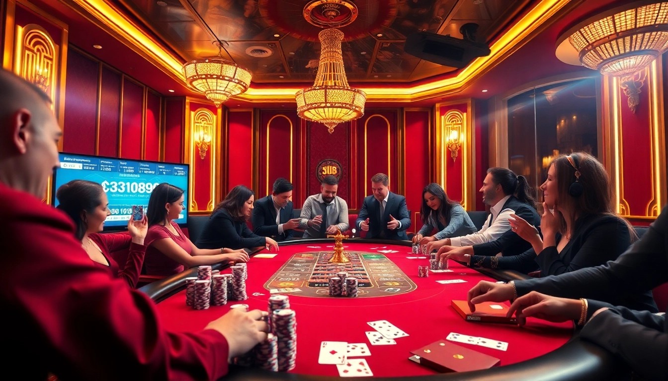 Exciting high-stakes poker gameplay at GK88 casino, featuring vibrant colors, chips, and cards.