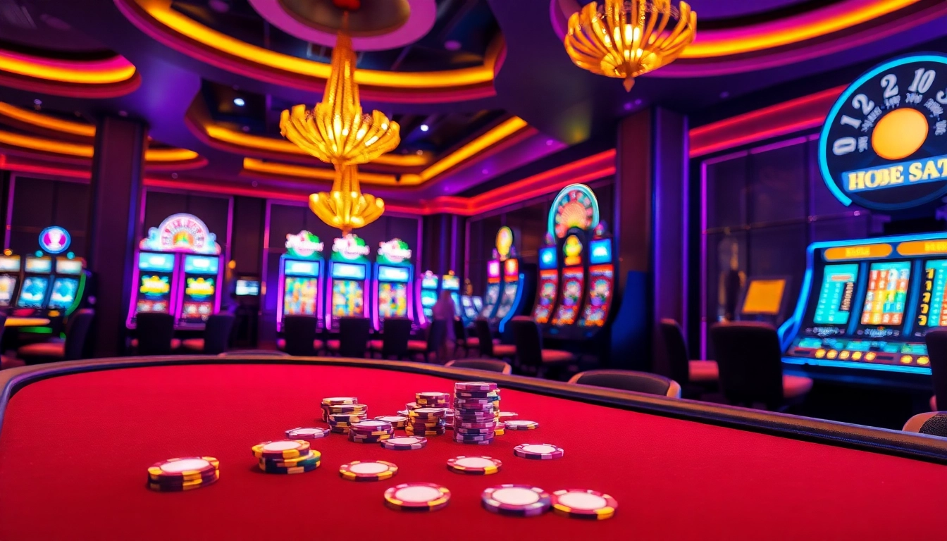 Experience luxury gambling action at the hz88 poker table with vibrant chips and slot machines.