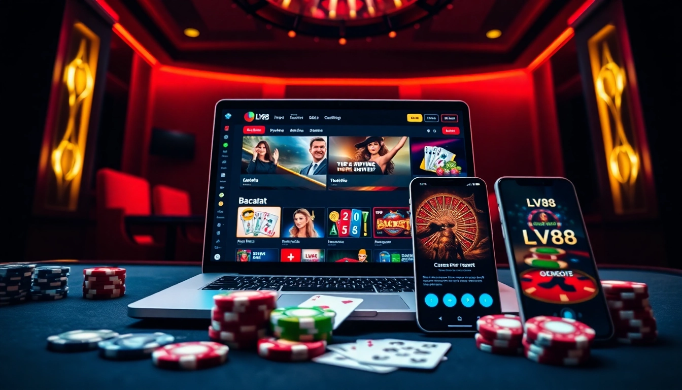 Exciting LV88 online gaming scene with modern interface on laptop, showcasing vibrant casino atmosphere.