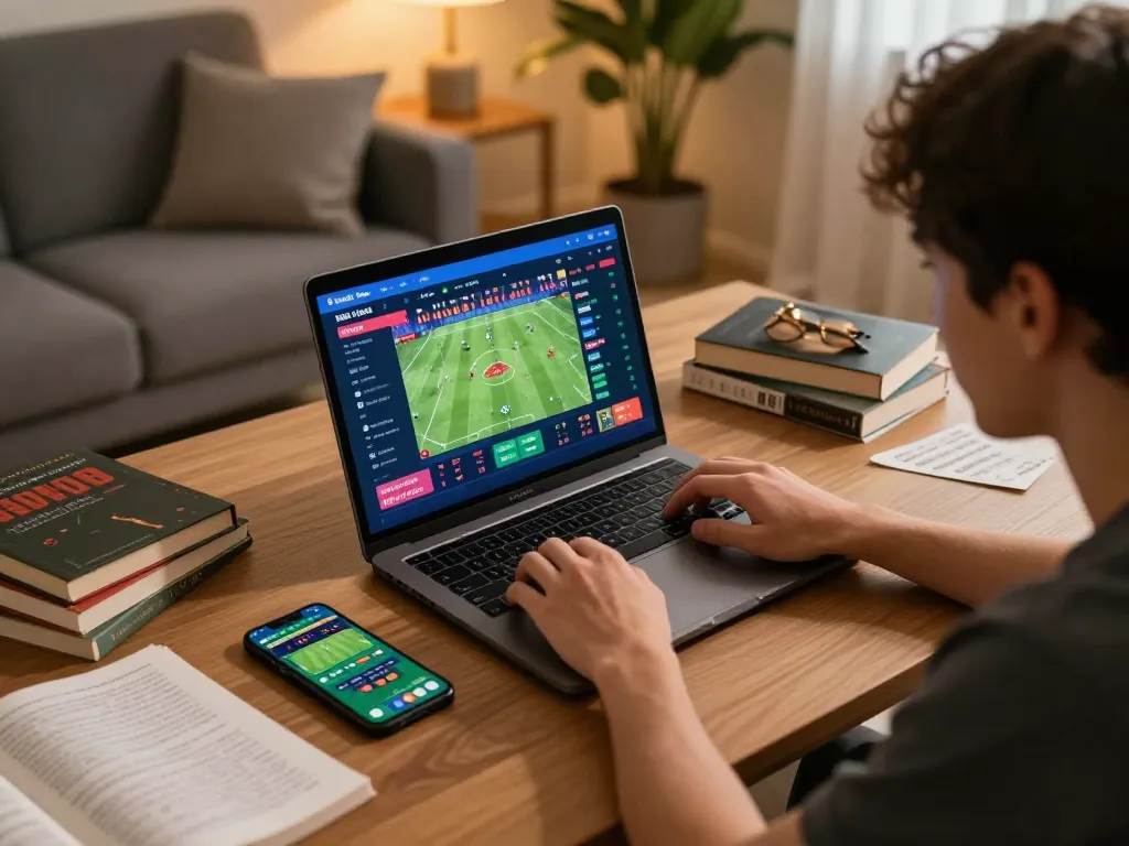 Player analyzing kèo nhà cái odds on laptop during online sports betting session