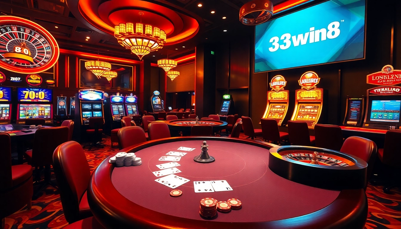 Exciting casino scene showcasing 33win68 amid vibrant poker and roulette games.