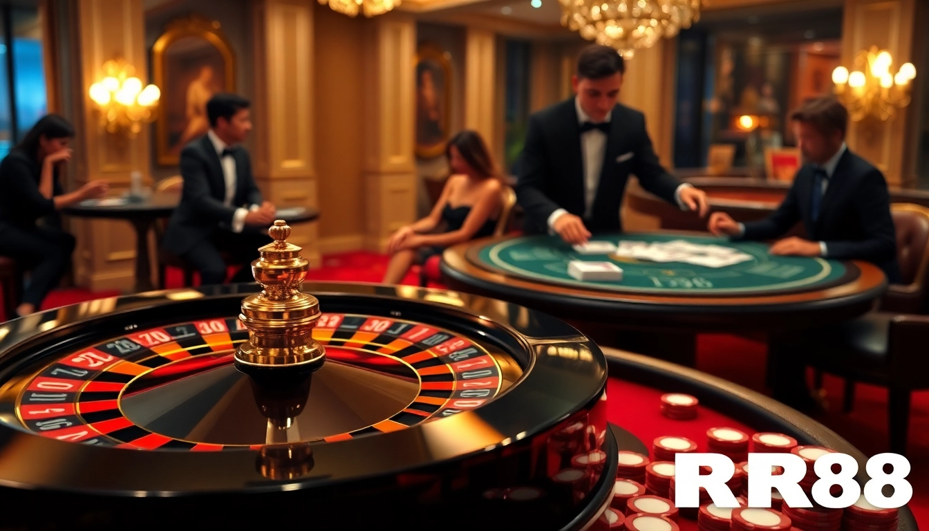 Players enjoy an exciting game at RR88 casino with vibrant roulette and card tables.