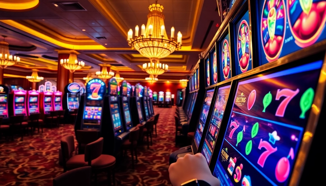 Excited players engaging with slot machines in a luxurious casino environment.
