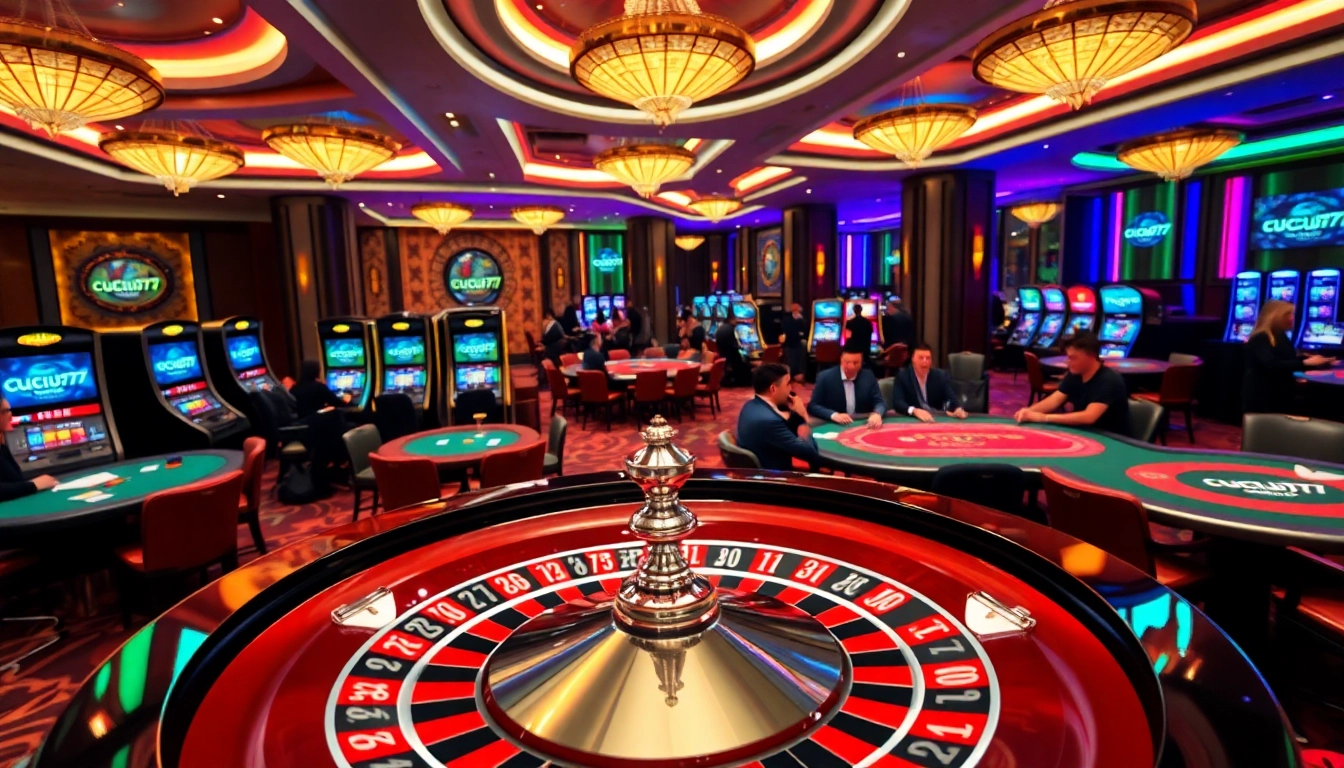 Experience the excitement of cucu777 with vibrant casino tables and games in a luxurious setting.