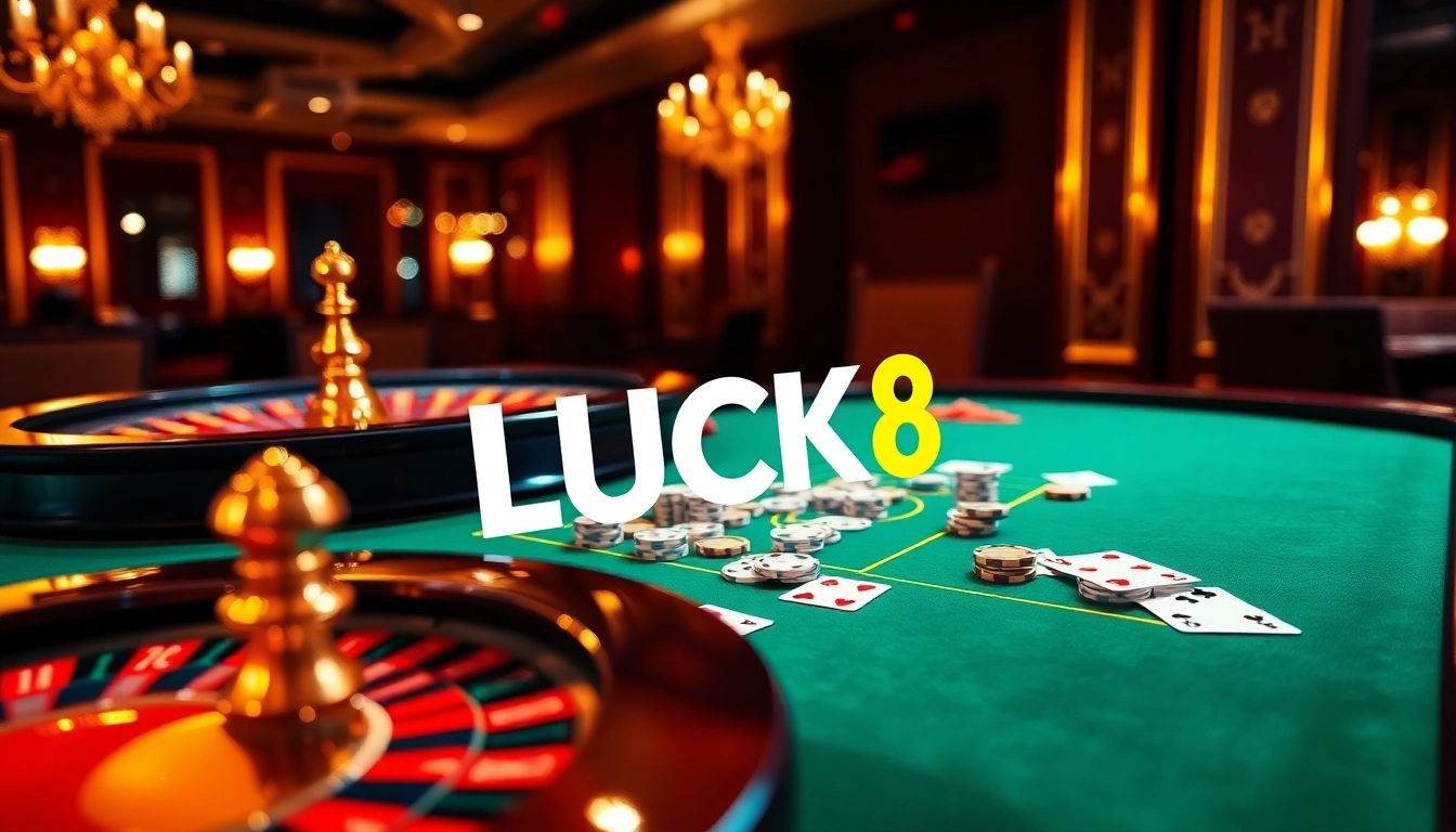 Experience high-stakes gaming with LUCK8 in a luxurious online casino setting featuring poker chips and roulette.